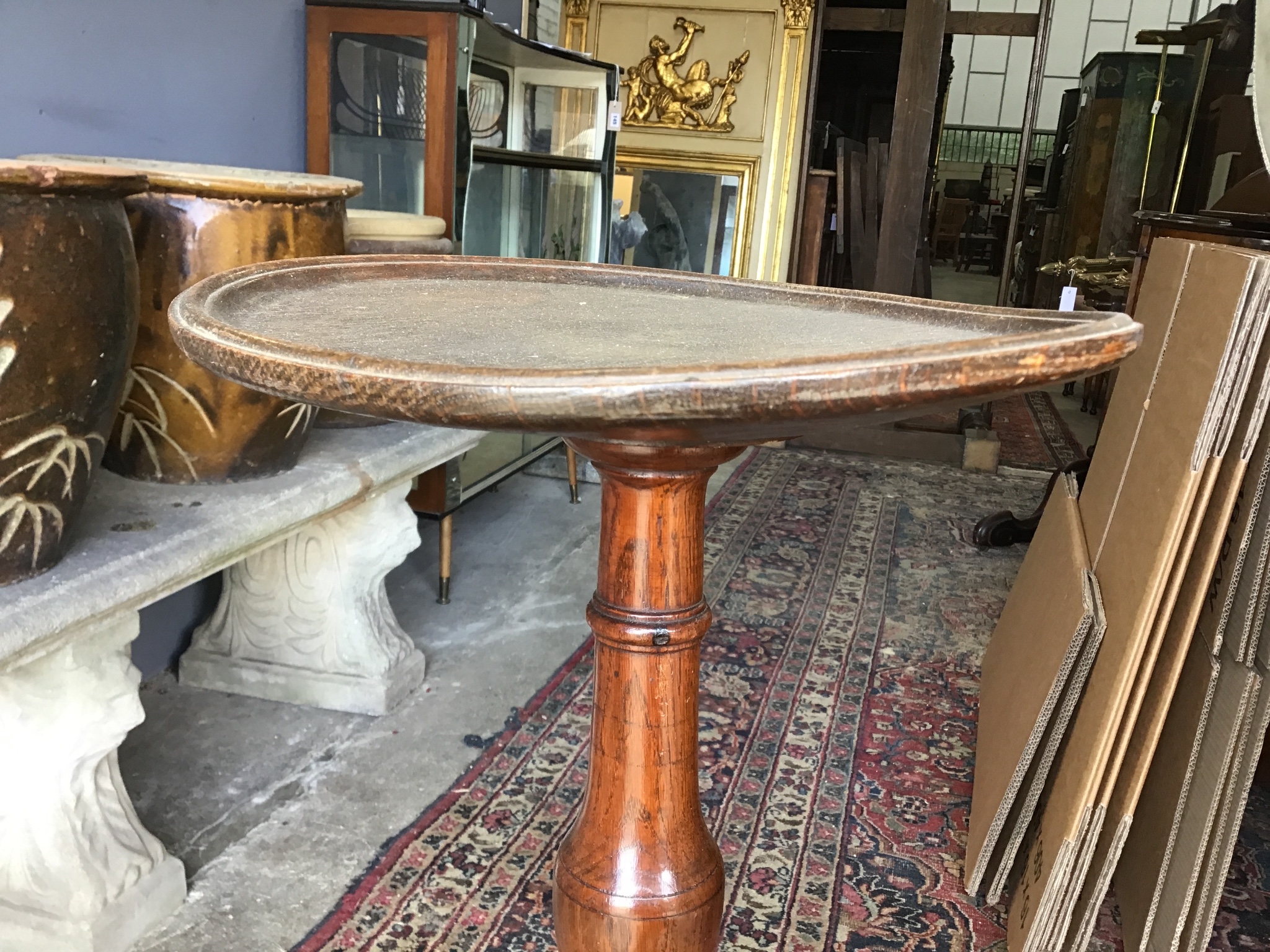 A Victorian walnut piano front pop up davenport width 58cm, depth 54cm, height 92cm, and a George III style oak tripod candle stand height 83cm
